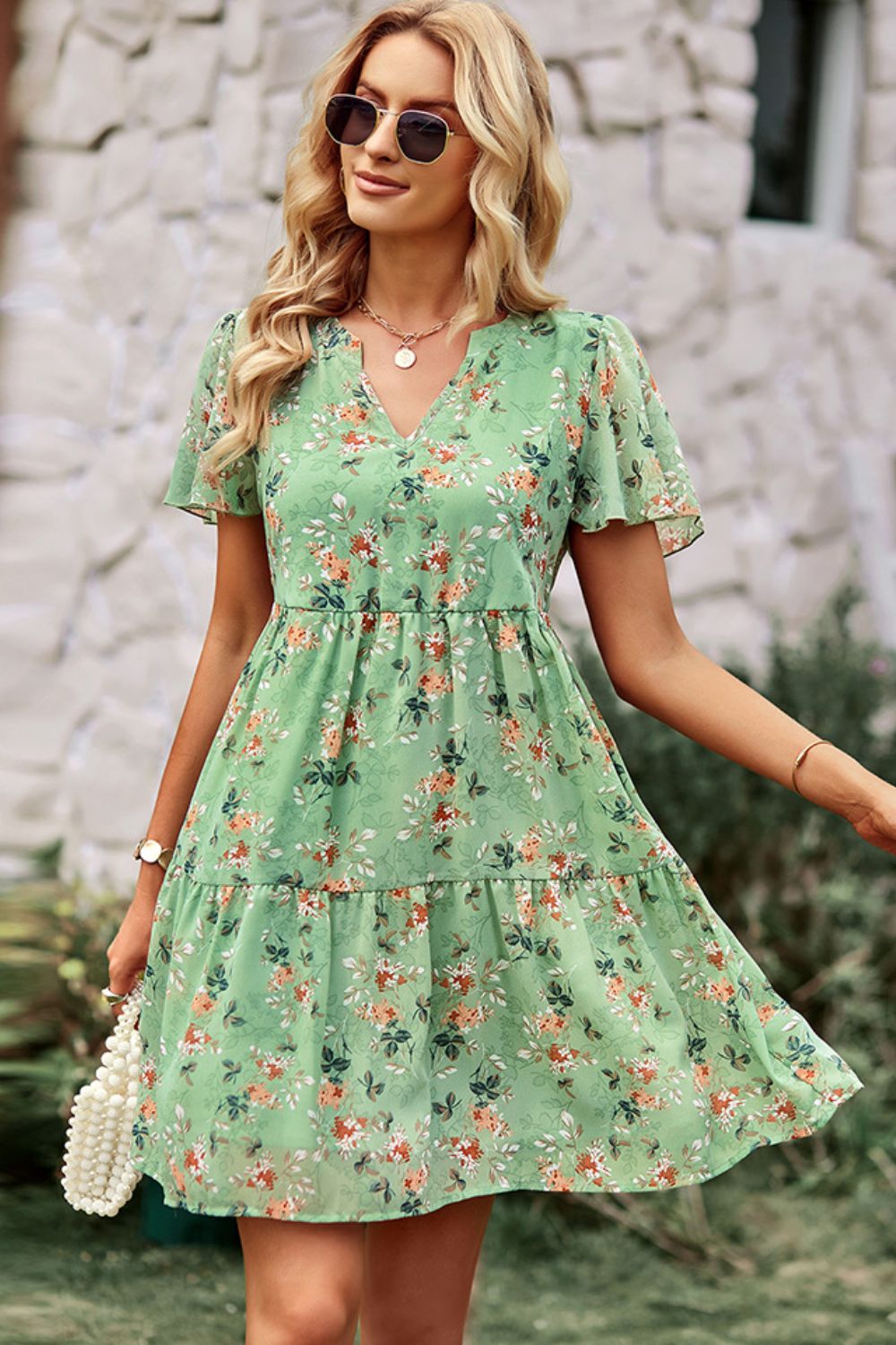 Floral Notched Flutter Sleeve Mini Dress - Runway Frenzy