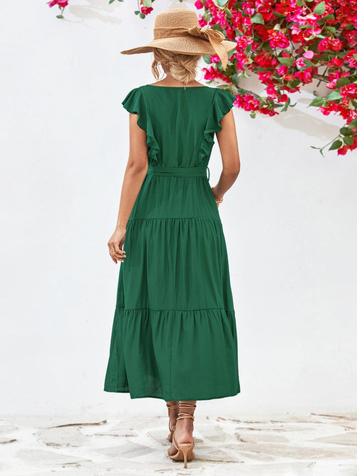 Tie Belt Ruffled Tiered Dress - Runway Frenzy 