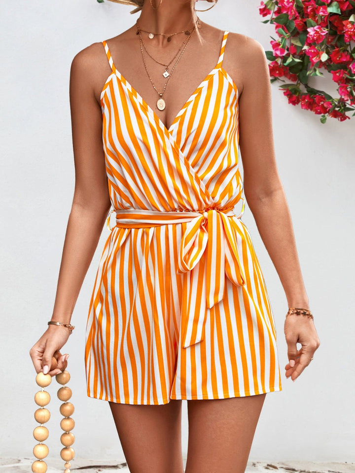 Striped Tie Waist Spaghetti Strap Romper - Runway Frenzy 