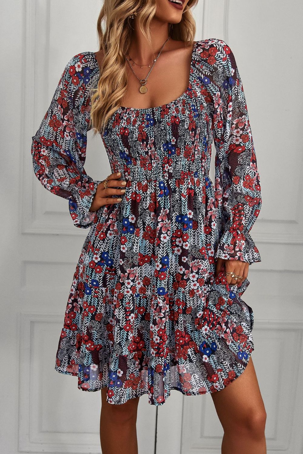 Floral Long Flounce Sleeve Square Neck Dress - Runway Frenzy