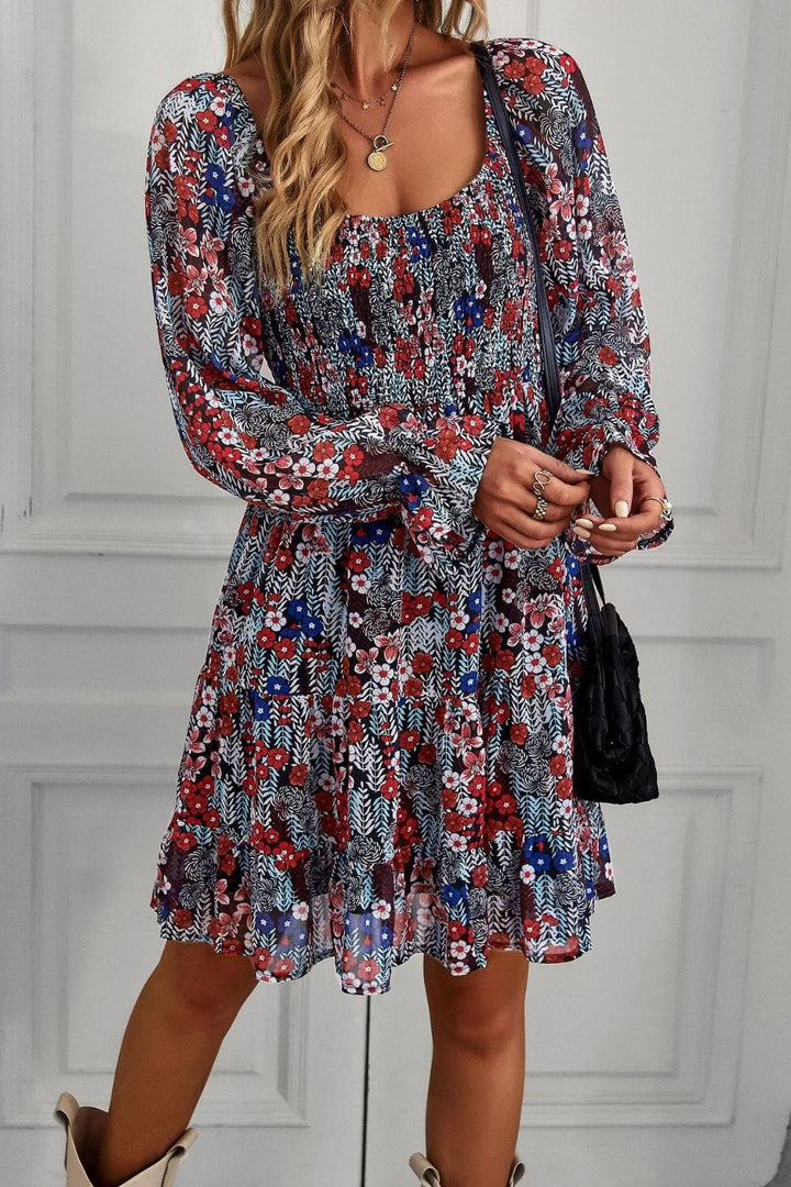 Floral Long Flounce Sleeve Square Neck Dress - Runway Frenzy