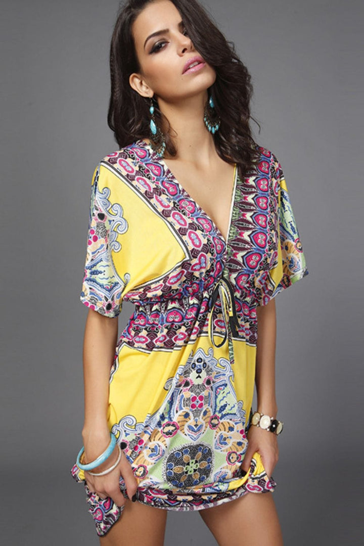 Printed Deep V Mini Dress - Runway Frenzy 