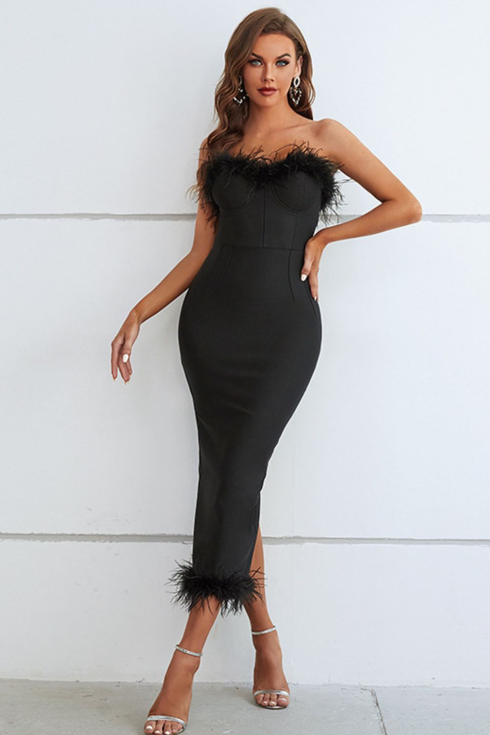 Feather Trim Strapless Sweetheart Neck Dress - Runway Frenzy