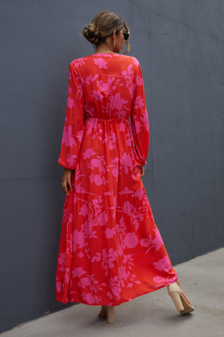 Floral Drawstring Waist Long Sleeve Dress - Runway Frenzy