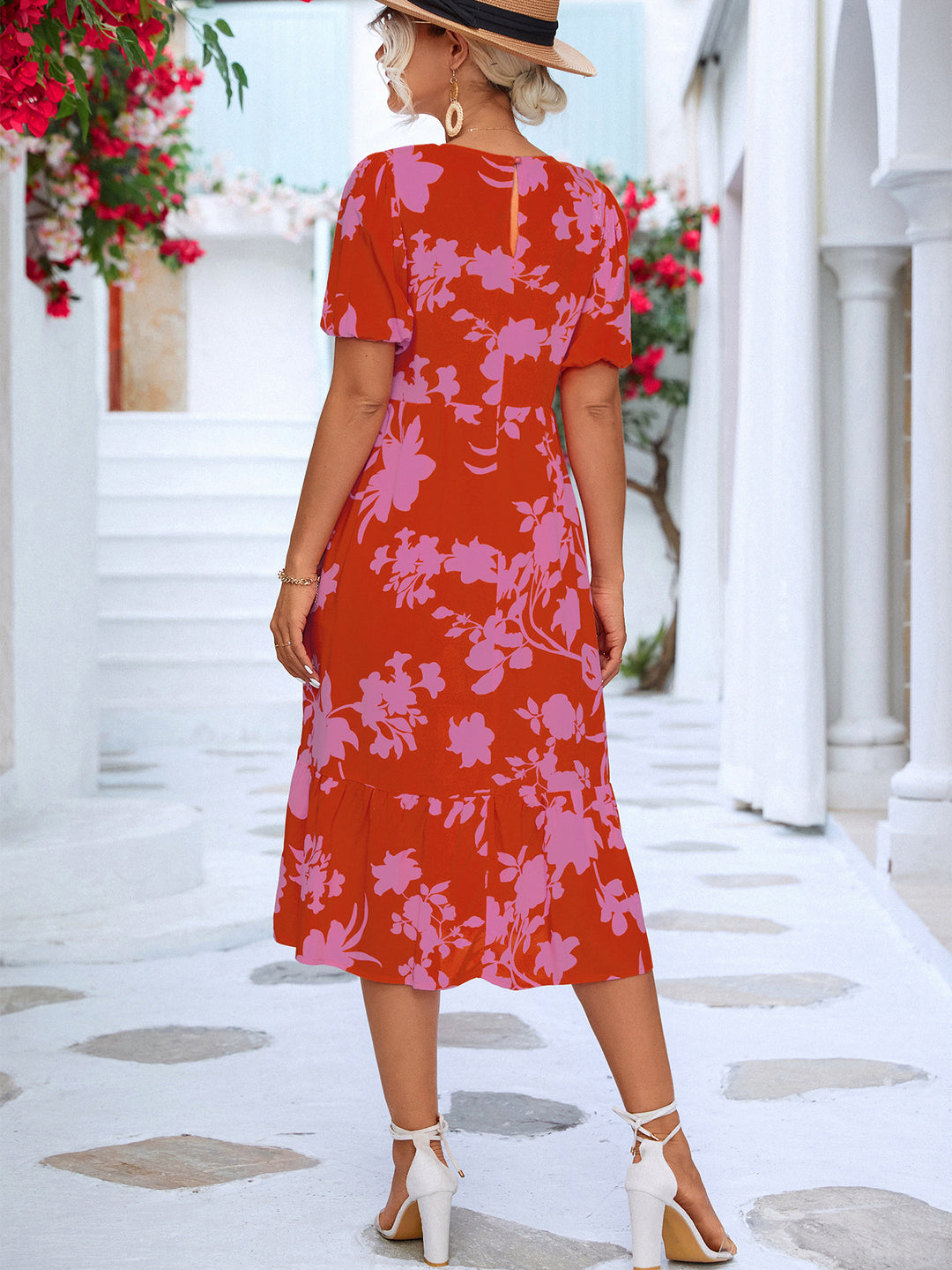 Floral Puff Sleeve Ruffle Hem Midi Dress - Runway Frenzy