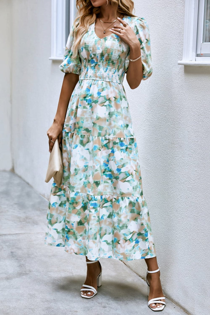 V-Neck Balloon Sleeve Smocked Midi Dress - Runway Frenzy 