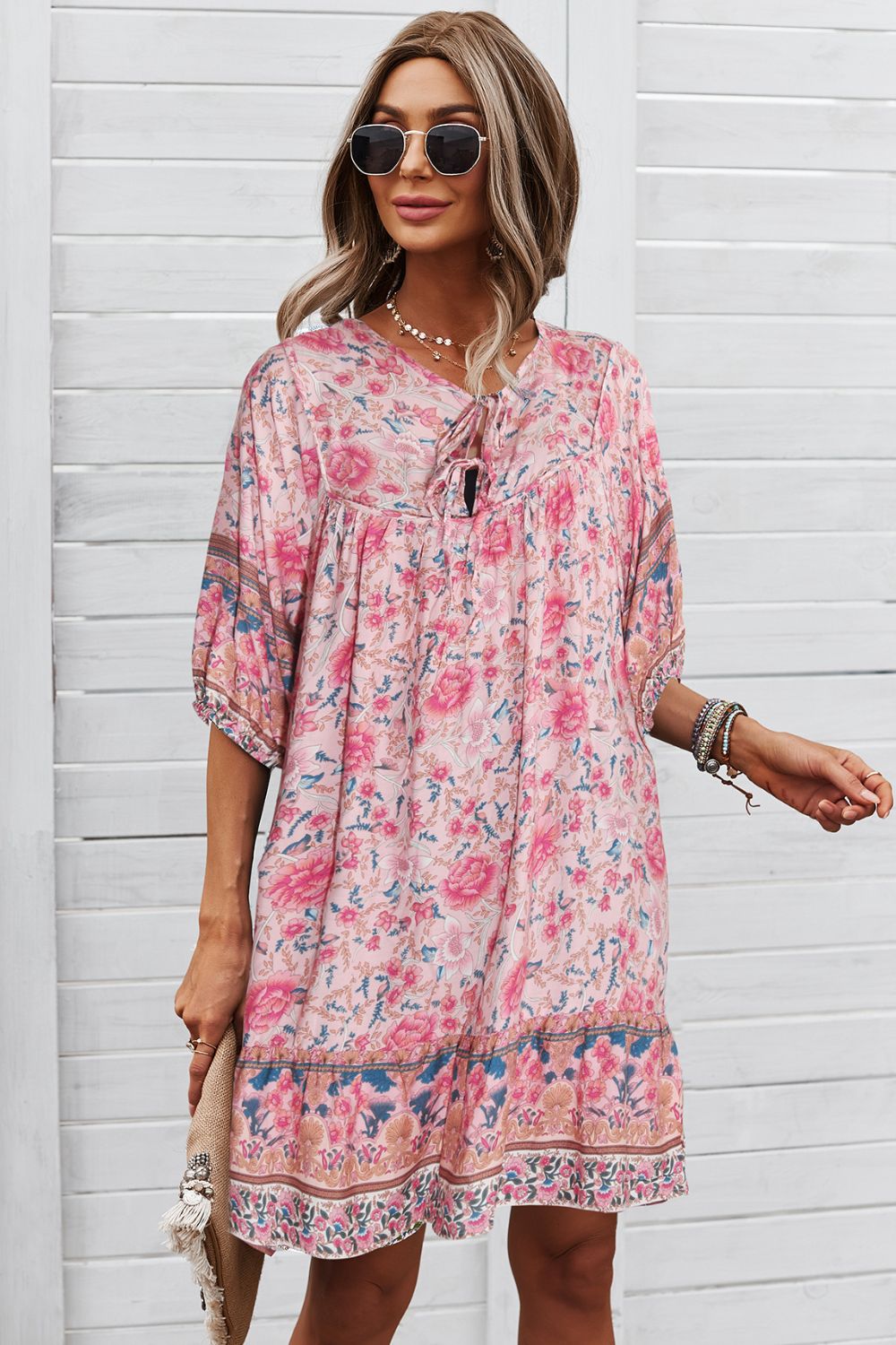 Bohemian Tie Neck Mini Dress - Runway Frenzy