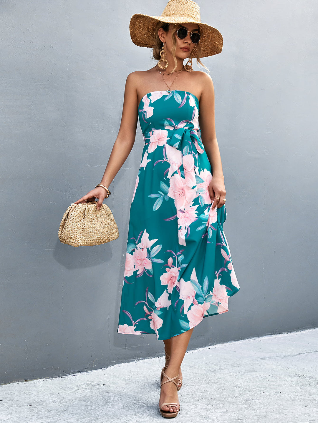 Floral Print Tie Waist Straight Neck Midi Dress - Runway Frenzy