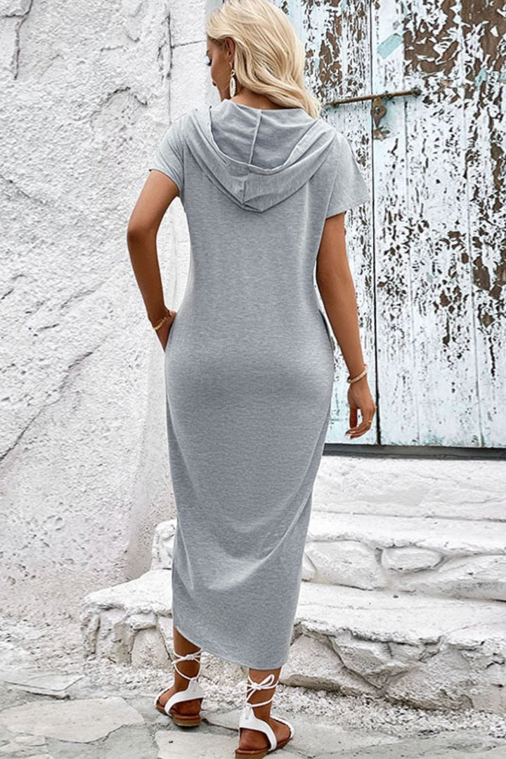 Short Sleeve Front Slit Hooded Dress - Runway Frenzy 