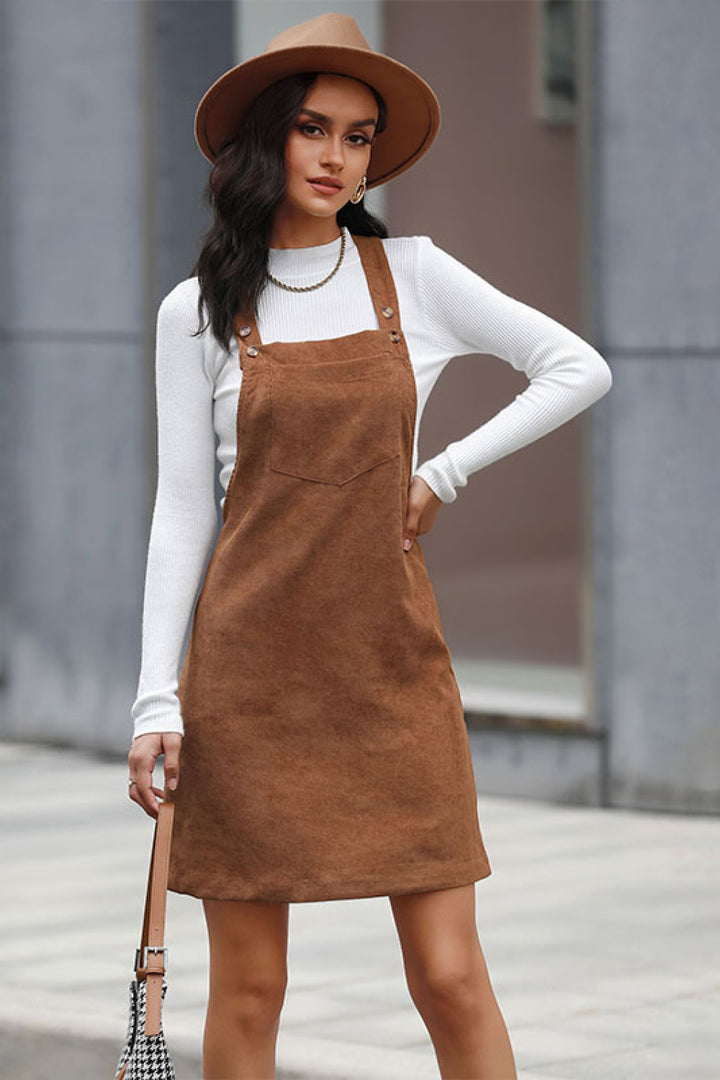 Corduroy Mini Overall Dress with Pocket - Runway Frenzy