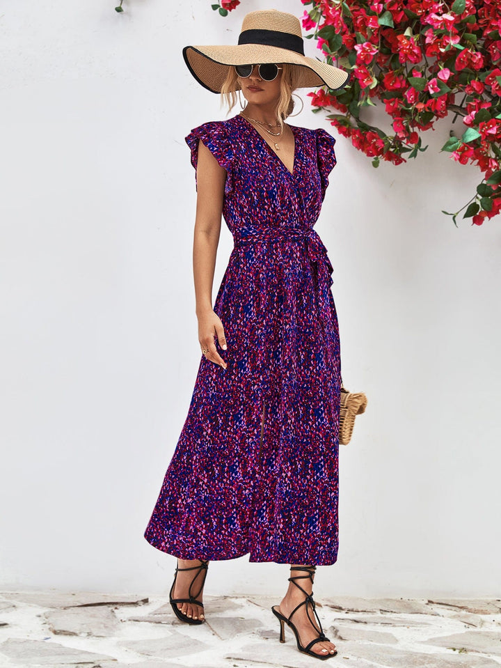 Printed Surplice Neck Flutter Sleeve Slit Dress - Runway Frenzy