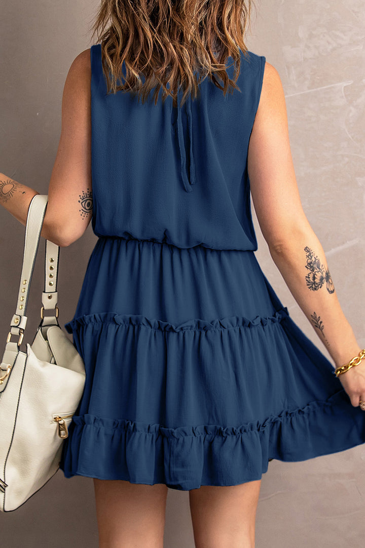 Tie Neck Frill Trim Sleeveless Mini Dress - Runway Frenzy 