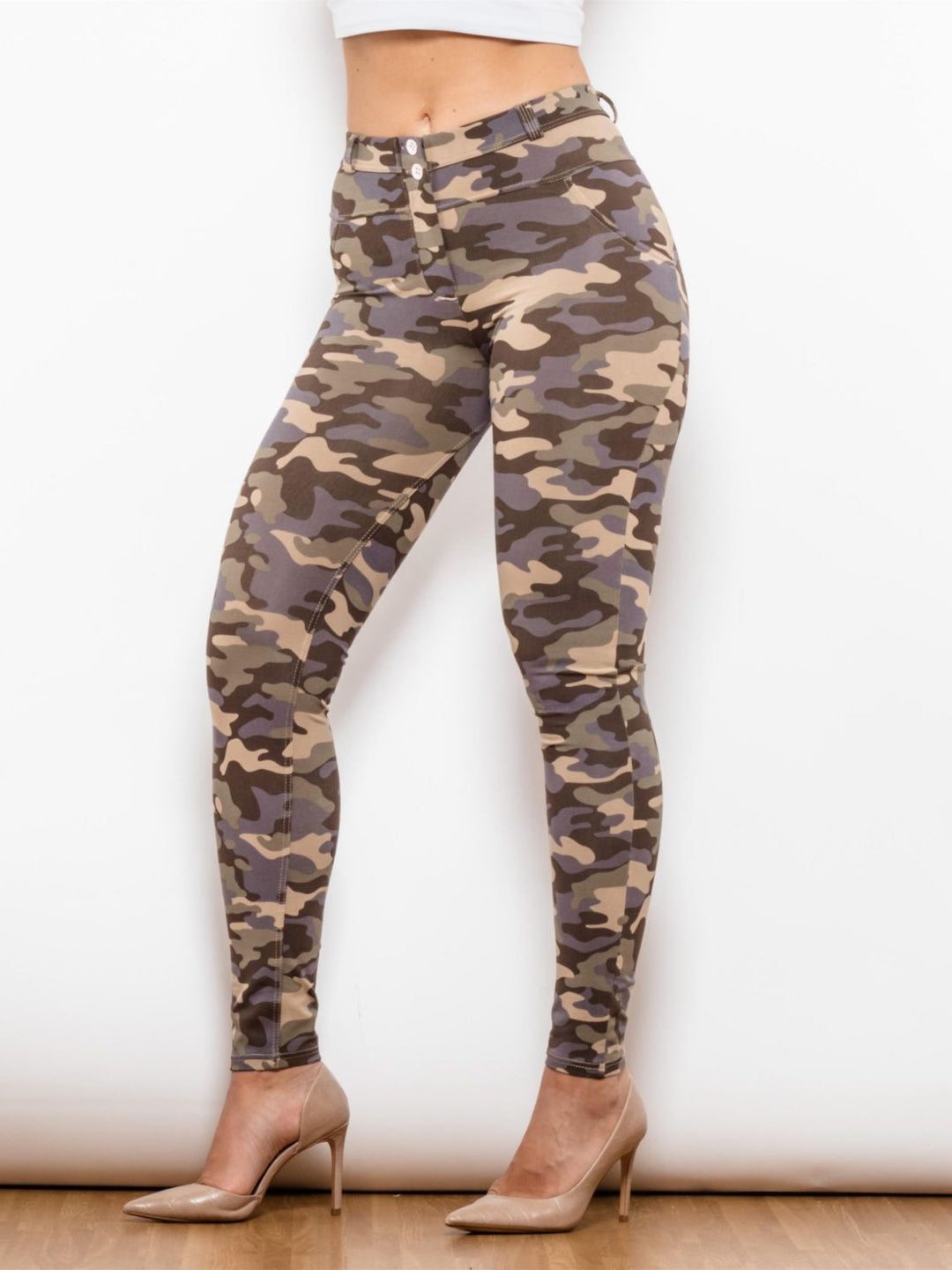 Full Size Camouflage Buttoned Leggings - Runway Frenzy