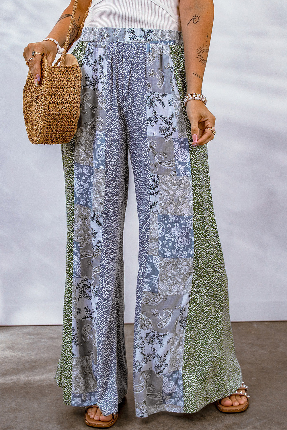 Mixed Print Pull-On Wide Leg Pants - Runway Frenzy 