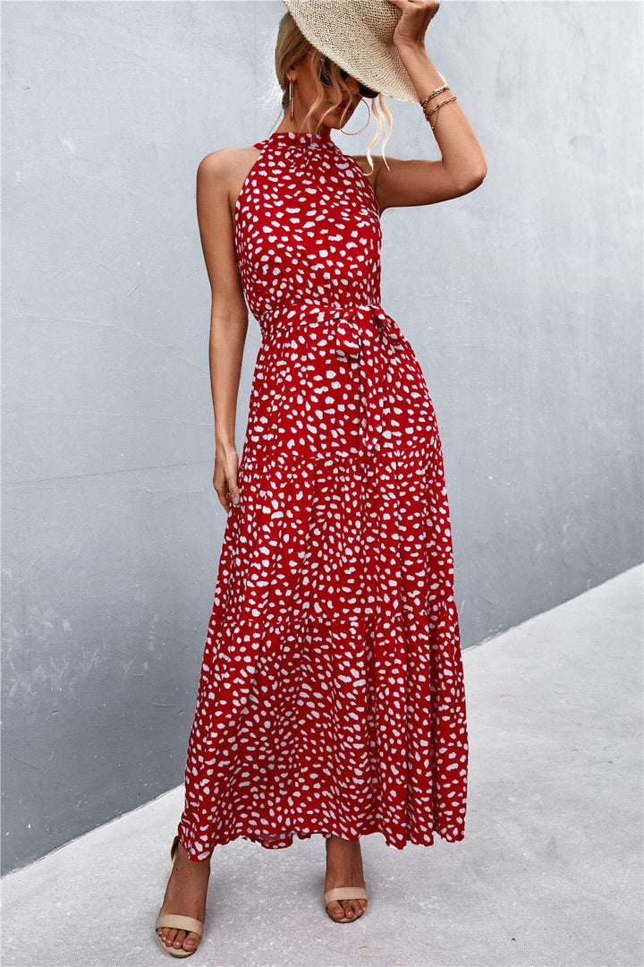 Printed Sleeveless Tie Waist Maxi Dress - Runway Frenzy 