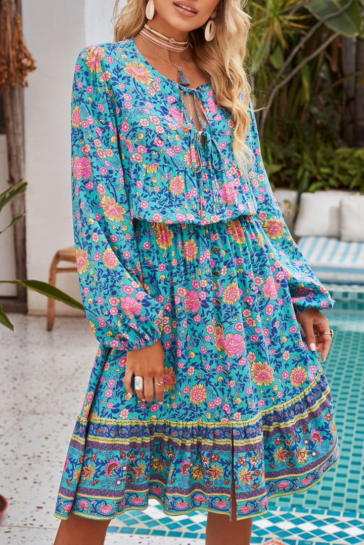 Bohemian Tie Neck Balloon Sleeve Dress - Runway Frenzy