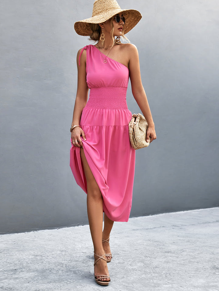 Asymmetrical One Shoulder Smocked Waist Midi Dress - Runway Frenzy