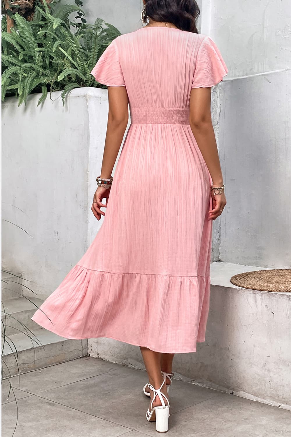 Surplice Neck Smocked Waist Flutter Sleeve Dress - Runway Frenzy 