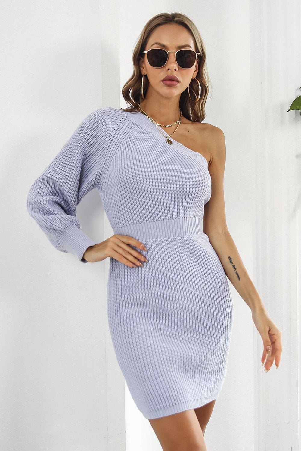 One Shoulder Raglan Sleeve Pencil Sweater Dress - Runway Frenzy 