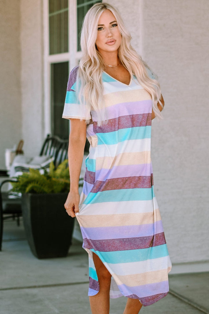 Striped V-Neck Curved Hem Midi Dress - Runway Frenzy 