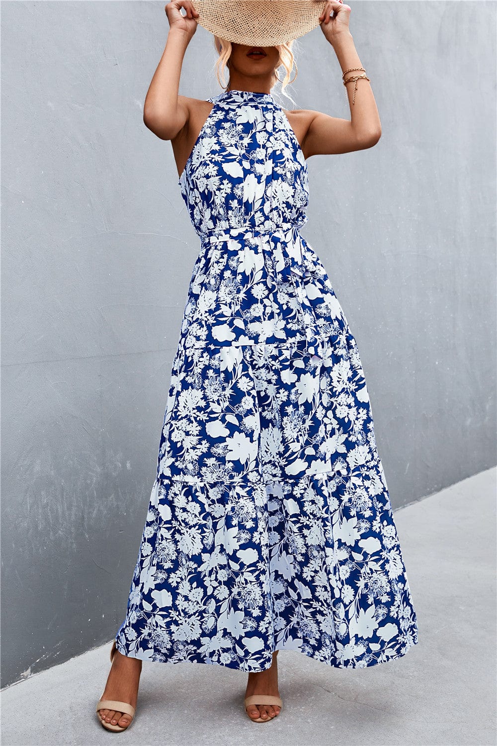 Printed Sleeveless Tie Waist Maxi Dress - Runway Frenzy 