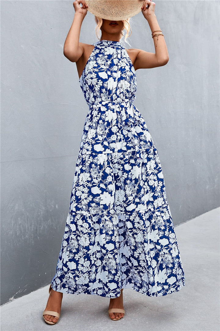 Printed Sleeveless Tie Waist Maxi Dress - Runway Frenzy 