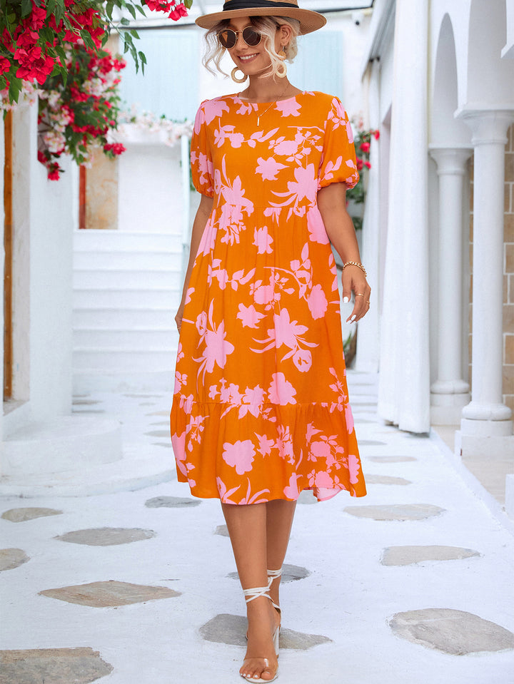 Floral Puff Sleeve Ruffle Hem Midi Dress - Runway Frenzy