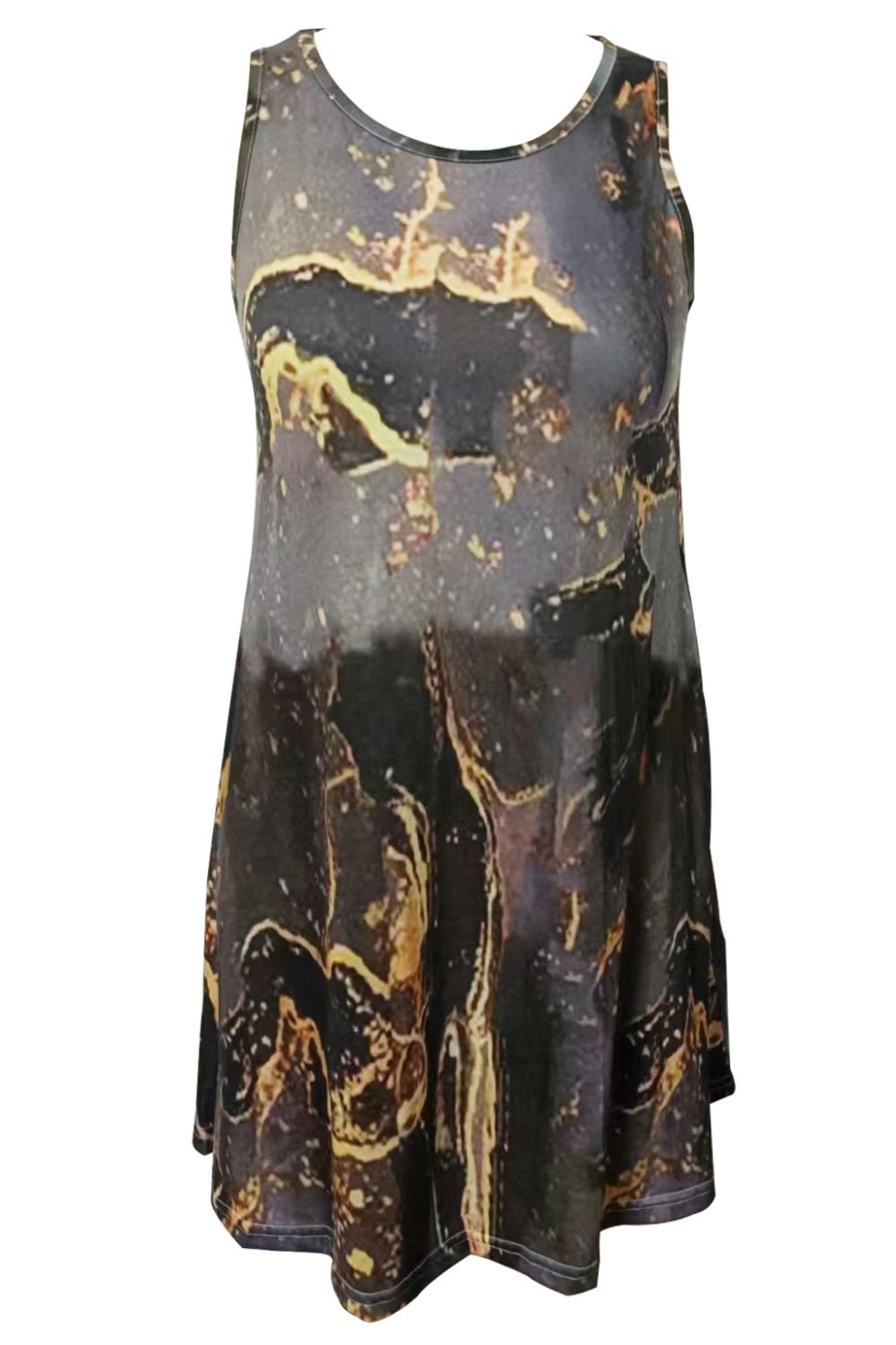 Abstract Print Round Neck Sleeveless Dress with Pockets - Runway Frenzy