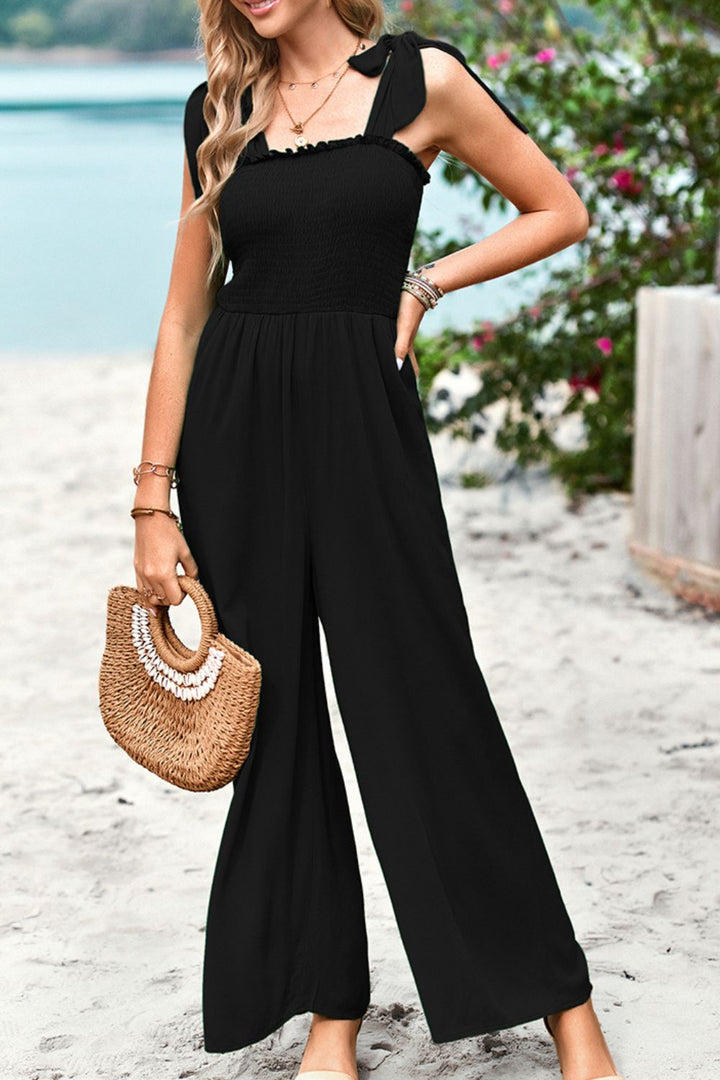 Frill Trim Tie Shoulder Wide Leg Jumpsuit with Pockets - Runway Frenzy