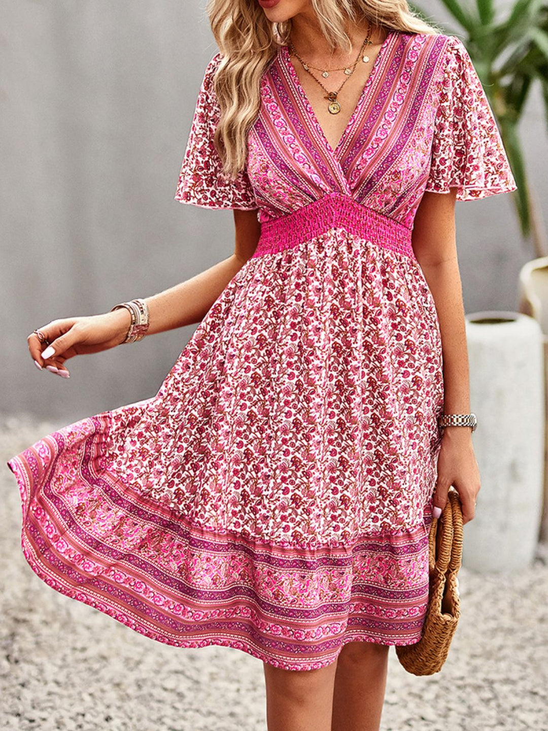 Floral Print Bohemian Style V-Neck Flutter Sleeve Dress - Runway Frenzy