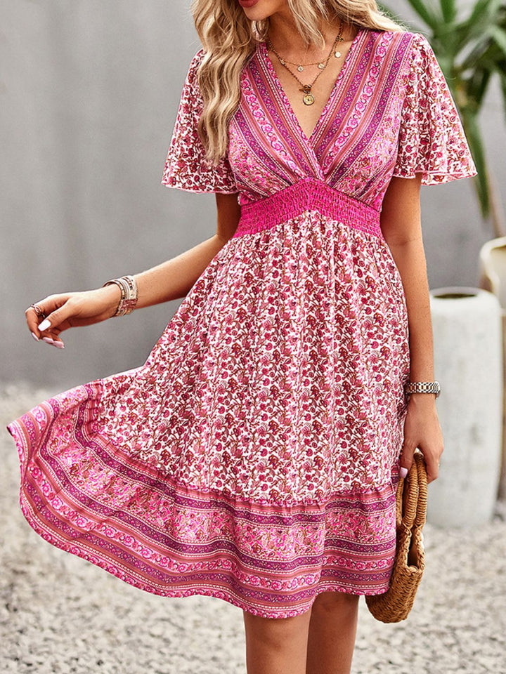 Floral Print Bohemian Style V-Neck Flutter Sleeve Dress - Runway Frenzy