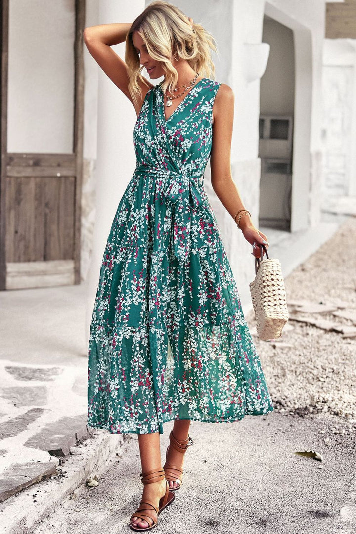 Floral Belted Surplice Sleeveless Tiered Dress - Runway Frenzy