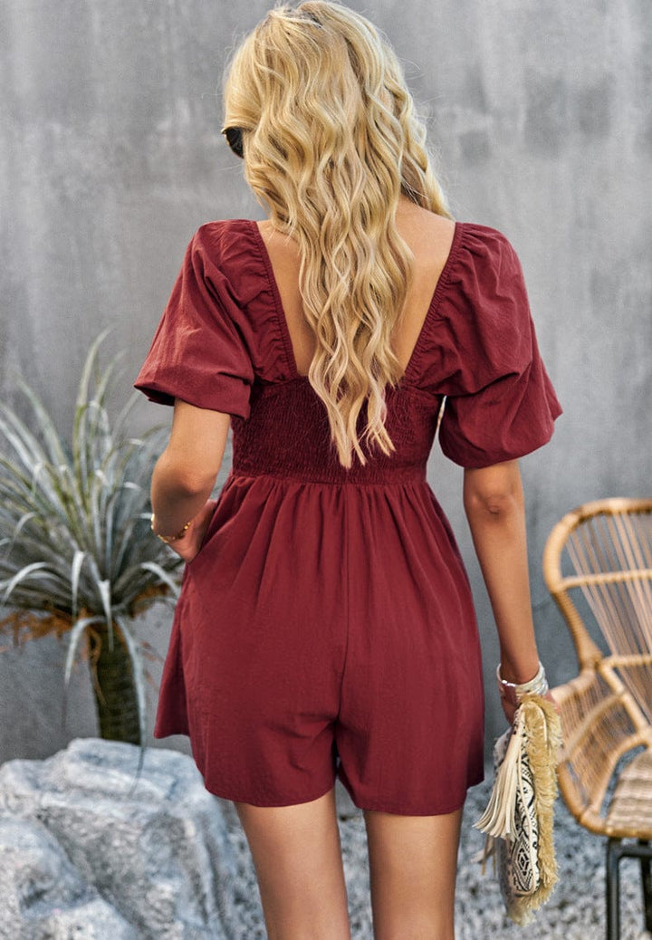 Square Neck Short Sleeve Smocked Romper - Runway Frenzy 