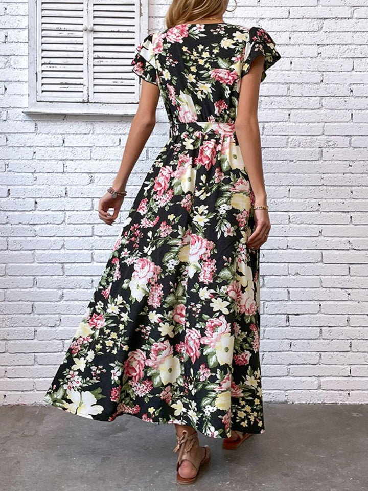 Floral Flutter Sleeve Tie-Waist Split Dress - Runway Frenzy