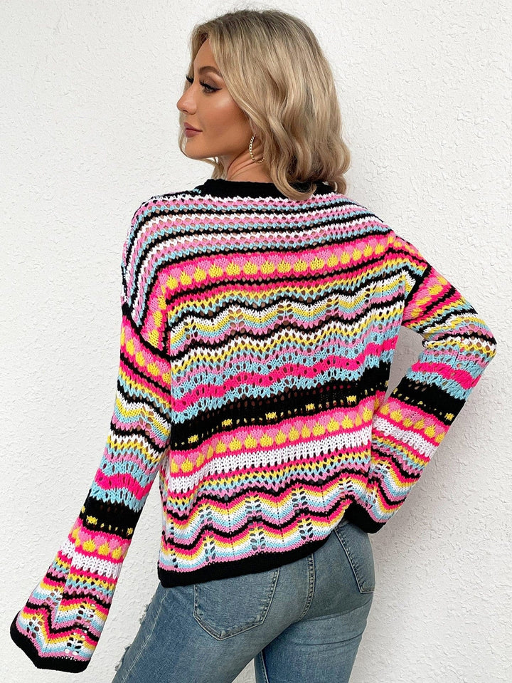 Rainbow Stripe Openwork Flare Sleeve Knit Top - Runway Frenzy 