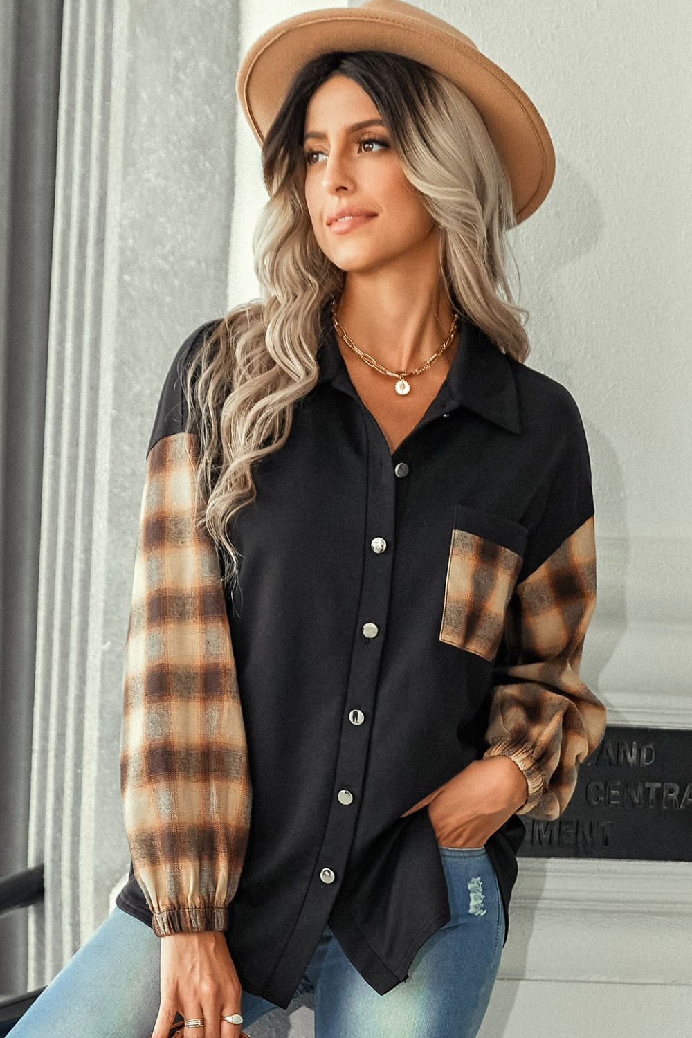 Plaid Dropped Shoulder Shirt with Breast Pocket - Runway Frenzy