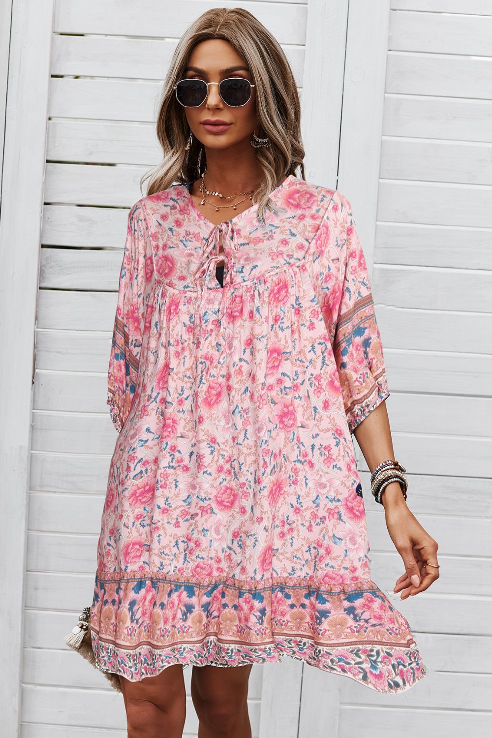 Bohemian Tie Neck Mini Dress - Runway Frenzy