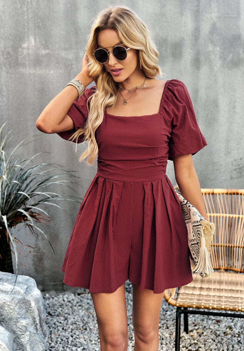 Square Neck Short Sleeve Smocked Romper - Runway Frenzy 