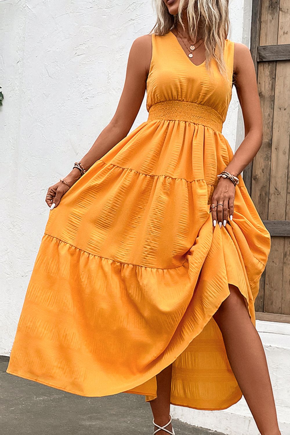 V-Neck Smocked Waist Sleeveless Tiered Dress - Runway Frenzy 