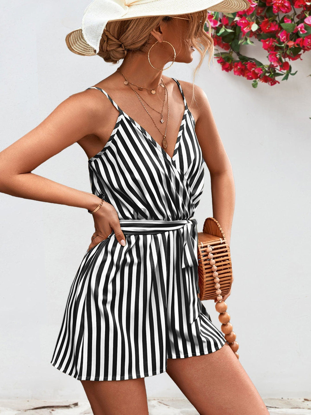 Striped Tie Waist Spaghetti Strap Romper - Runway Frenzy 