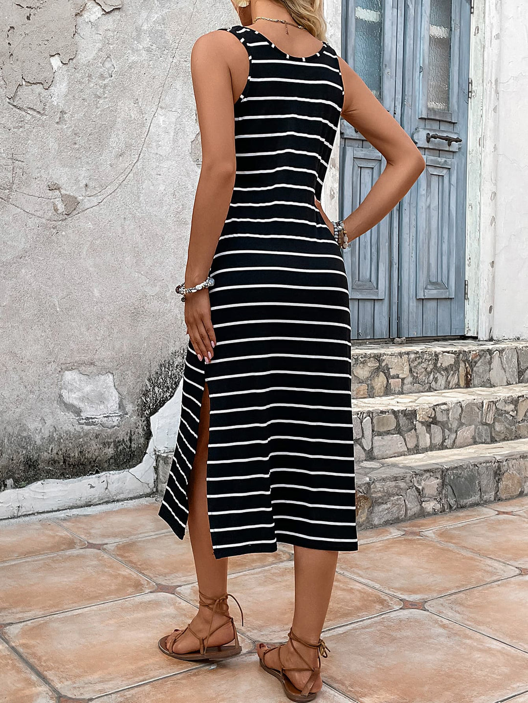 Striped Side Slit Sleeveless Midi Dress - Runway Frenzy 