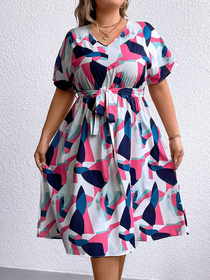 Plus Size Multicolored V-Neck Tie Waist Dress - Runway Frenzy 