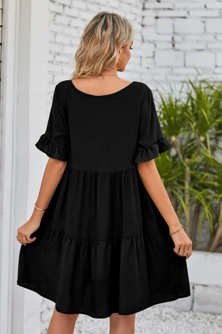 V-Neck Flounce Sleeve Tiered Dress - Runway Frenzy 