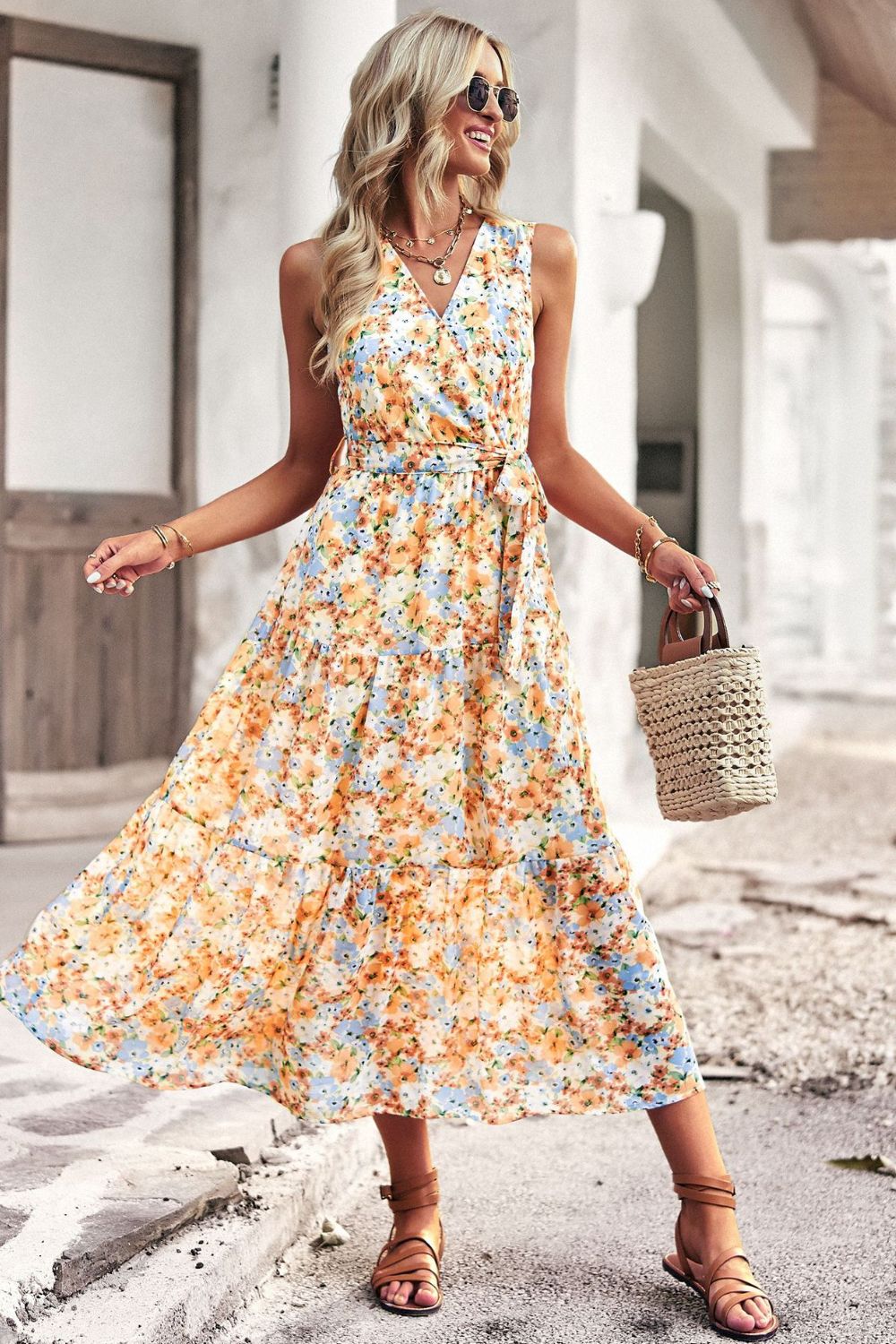 Floral Belted Surplice Sleeveless Tiered Dress - Runway Frenzy