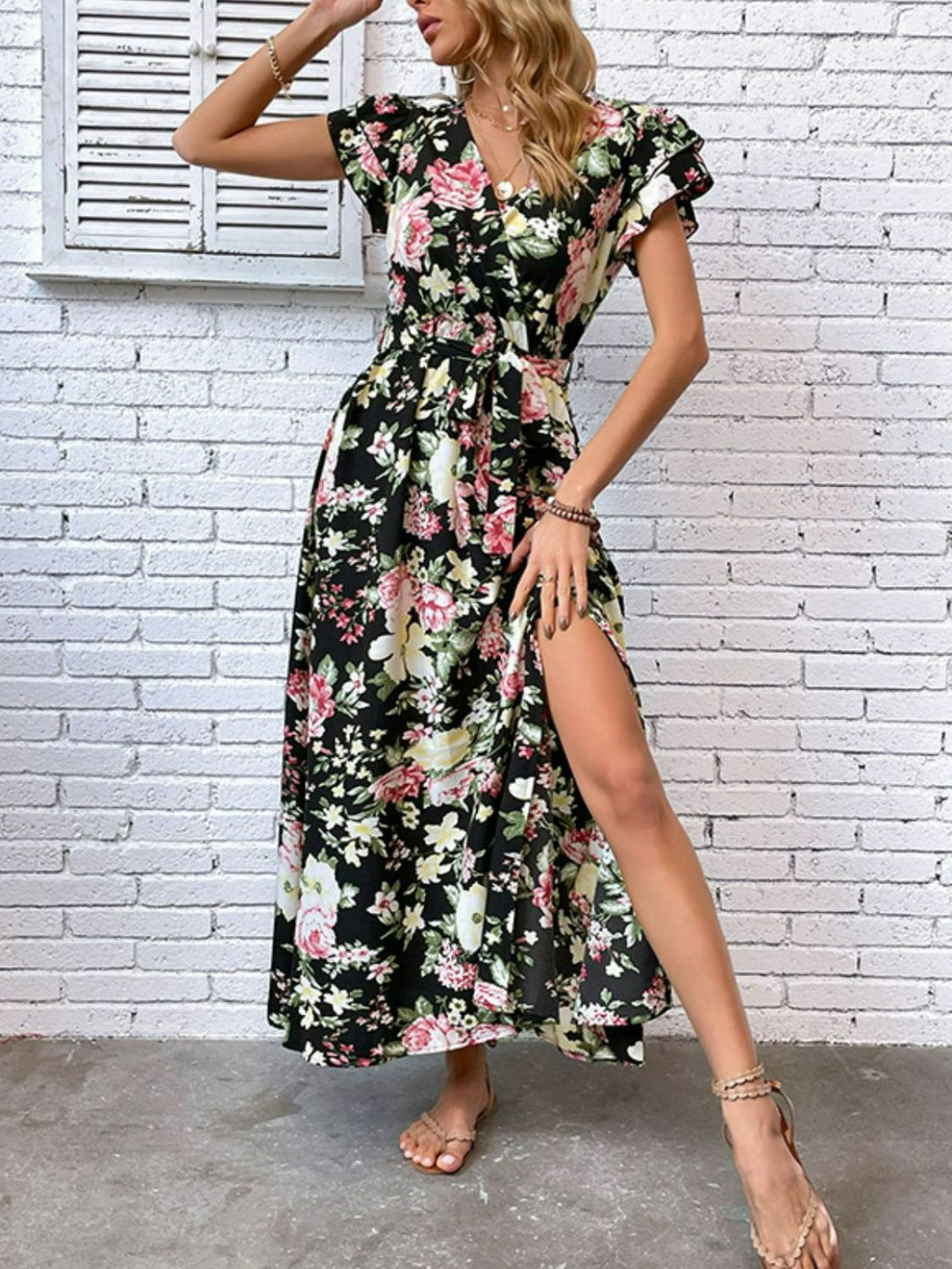 Floral Flutter Sleeve Tie-Waist Split Dress - Runway Frenzy