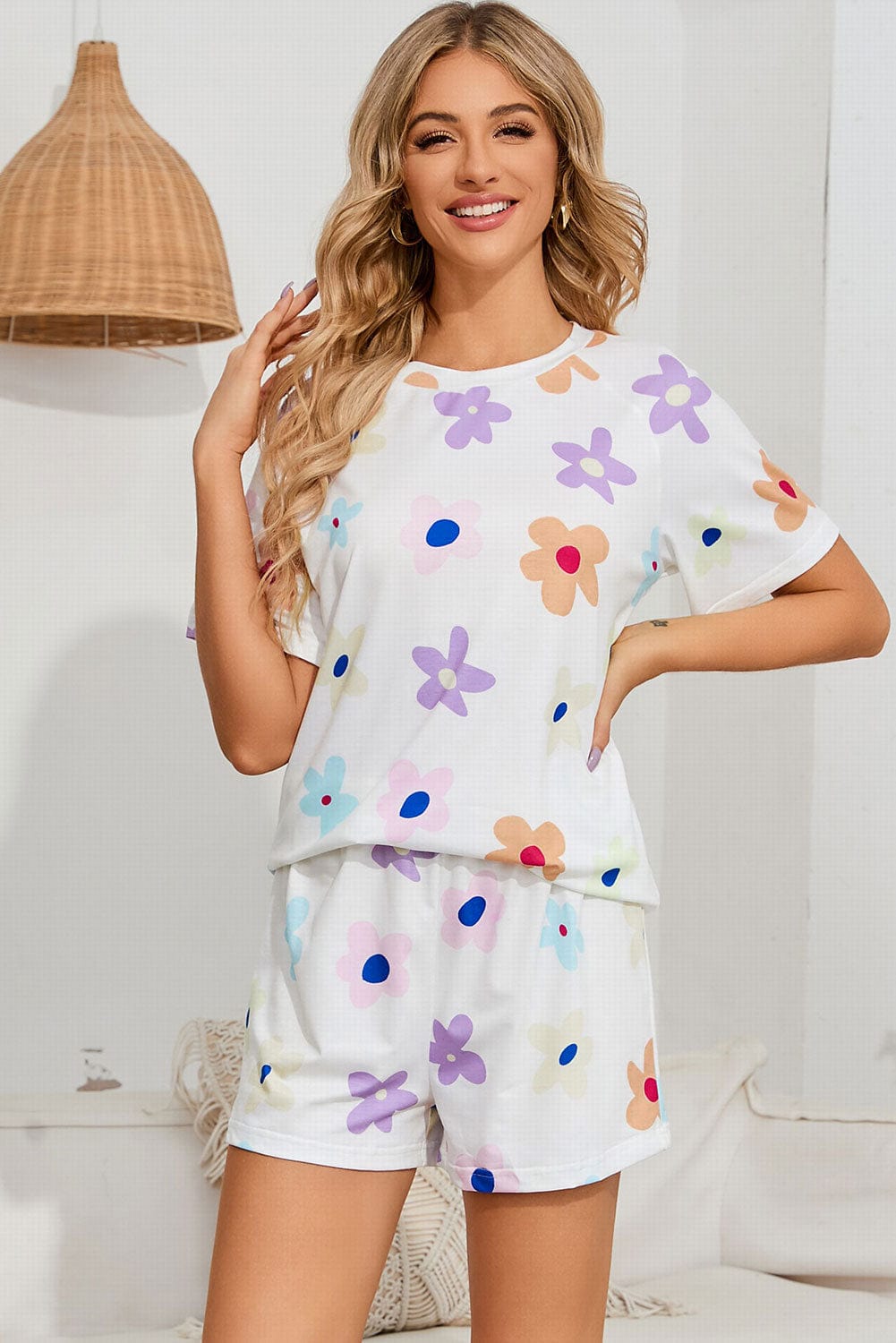 Floral Round Neck Raglan Sleeve Top and Shorts Lounge Set - Runway Frenzy