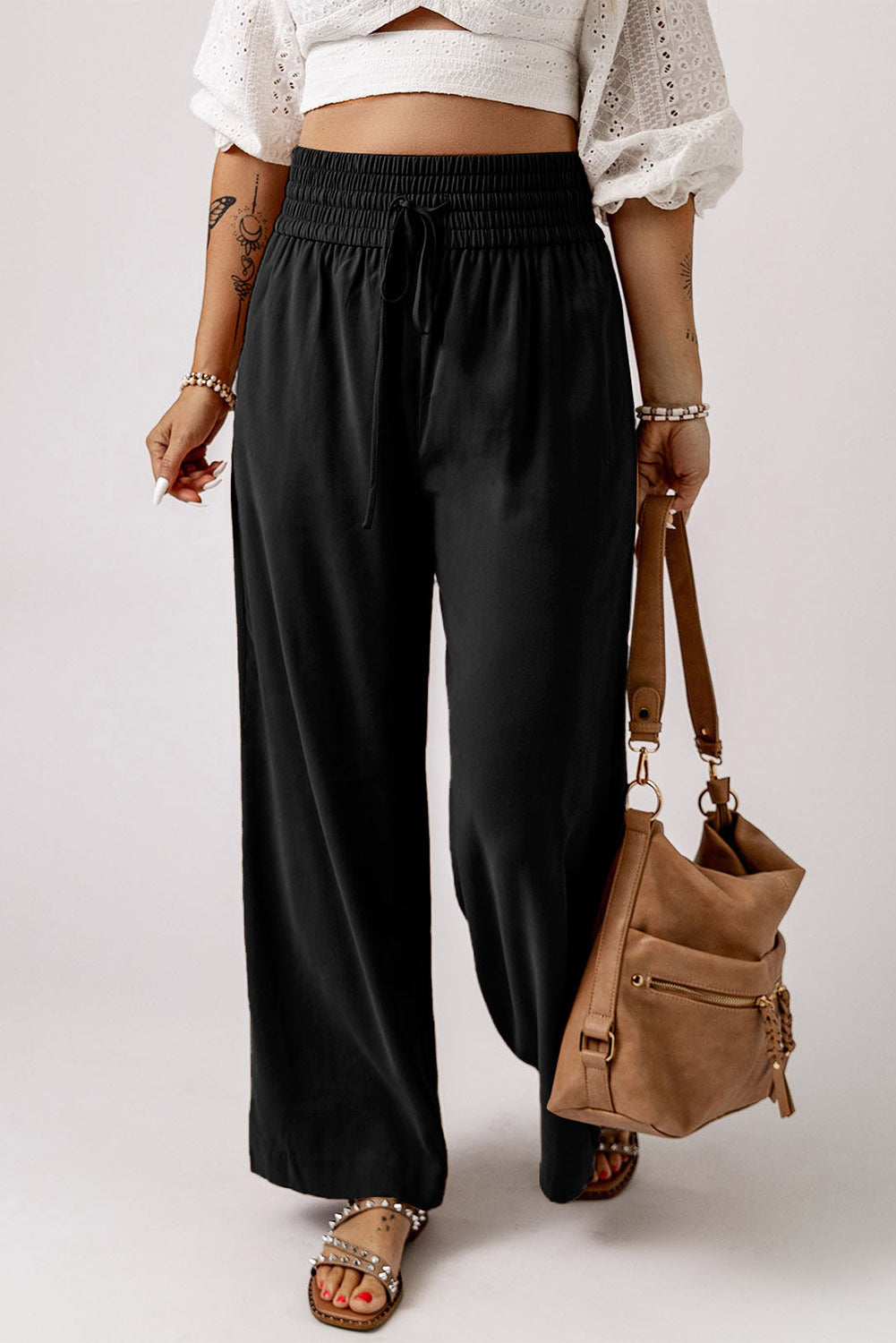 Drawstring Smocked Waist Wide Leg Pants - Runway Frenzy