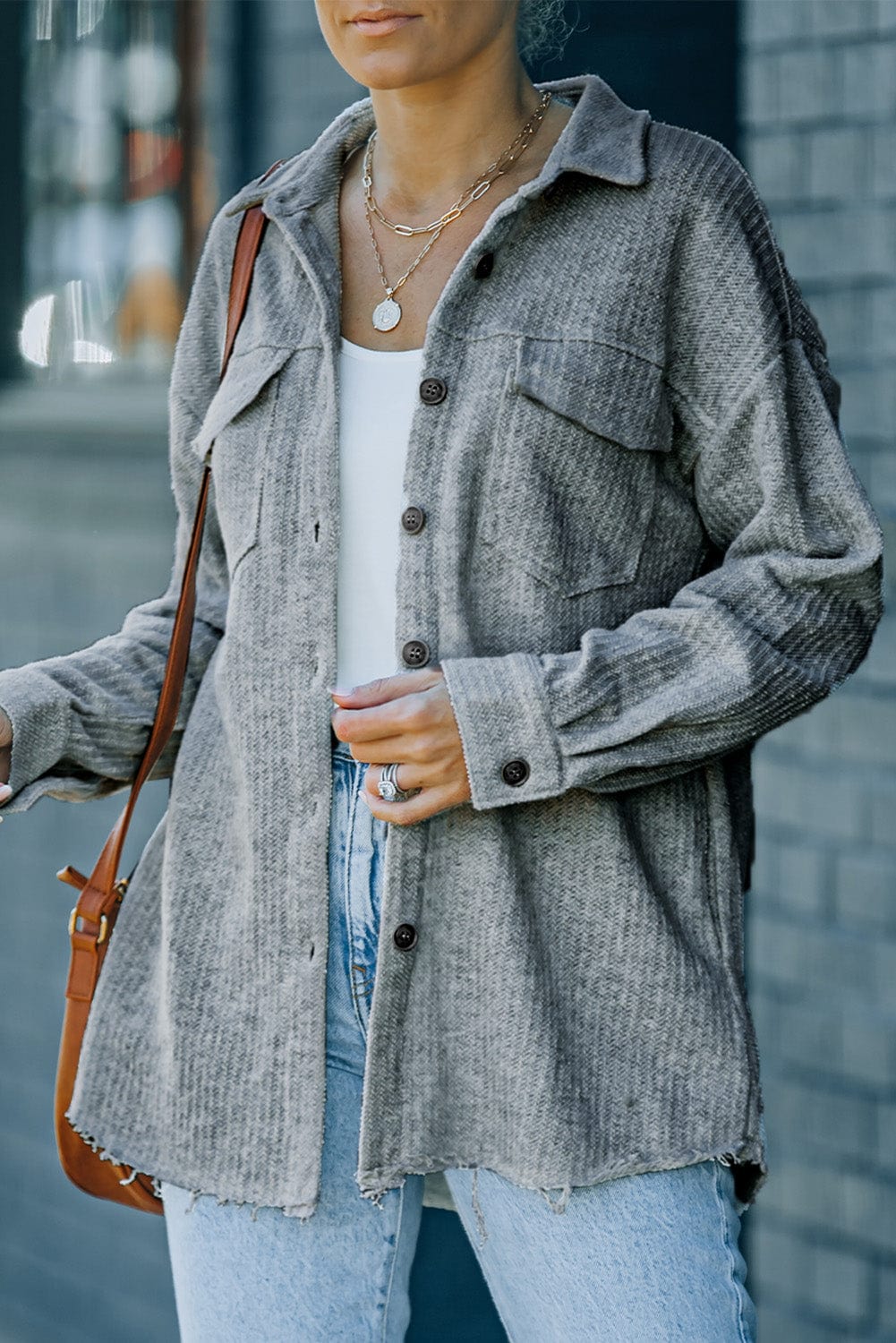 Textured Button Down Shirt Jacket with Pockets - Runway Frenzy