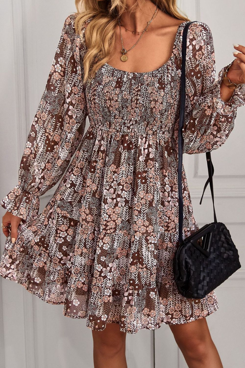 Floral Long Flounce Sleeve Square Neck Dress - Runway Frenzy