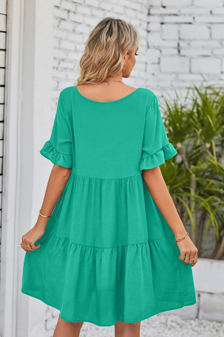 V-Neck Flounce Sleeve Tiered Dress - Runway Frenzy 